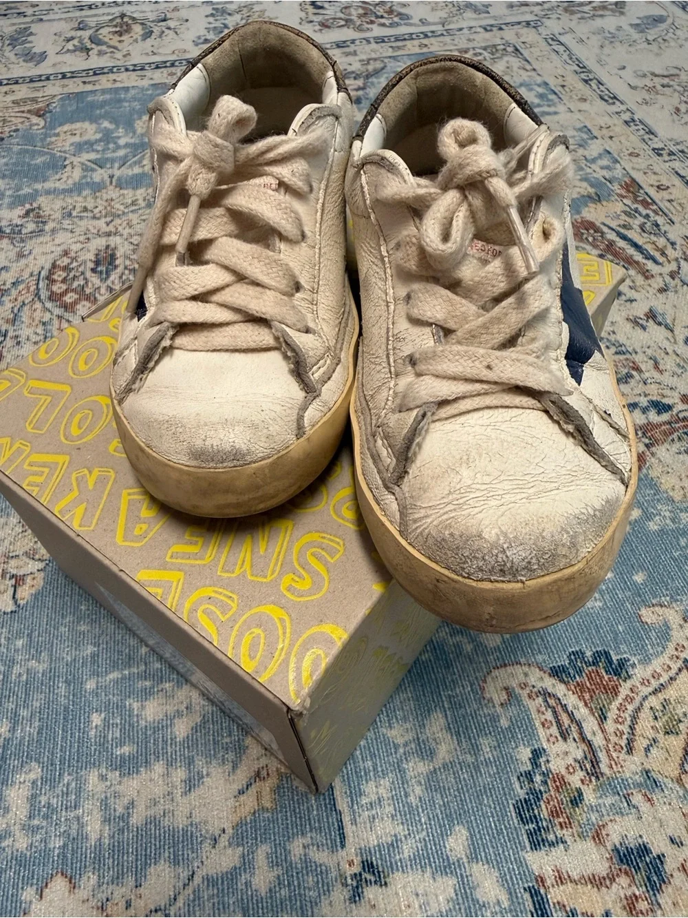 Golden Goose White Leather Sneaker with Navy Star and Cream Details